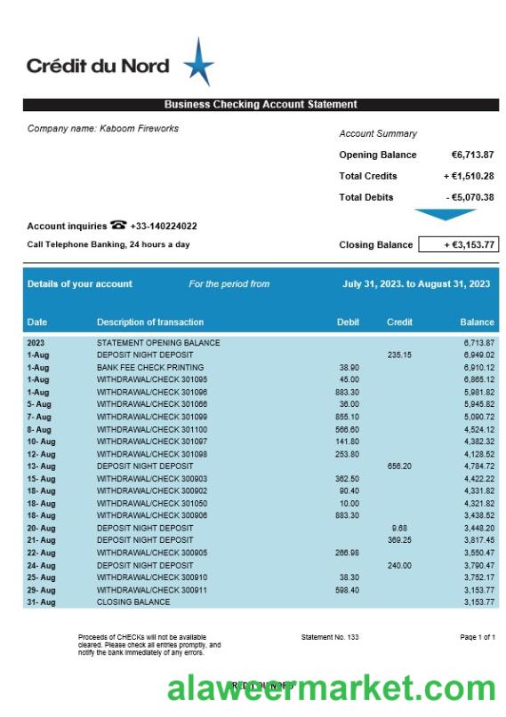Crédit du Nord enterprise account statement Word and PDF template